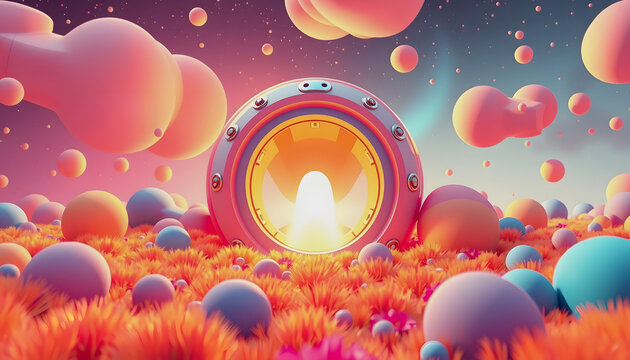 Warmhole Spaceship 3d animation colorful field teleport trippy experience, flat design, with white tones