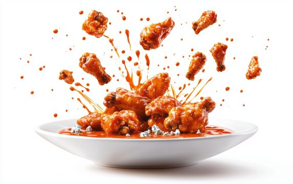 A plate of golden chicken wings floating mid-air with dynamic splashes of spicy buffalo sauce and blue cheese dressing on a white background