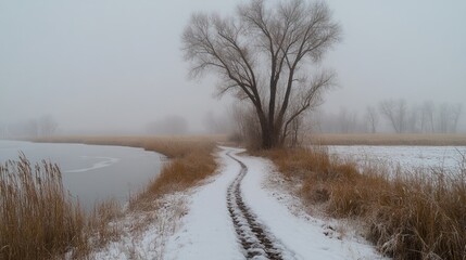 Snowy path by frozen lake, foggy winter landscape.
