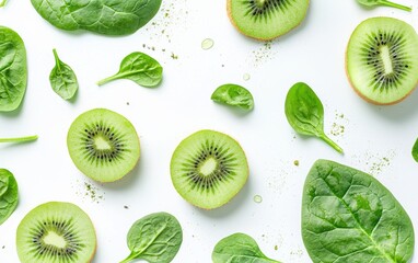 Fototapeta premium A refreshing green smoothie with spinach and kiwi slices on a bright white surface