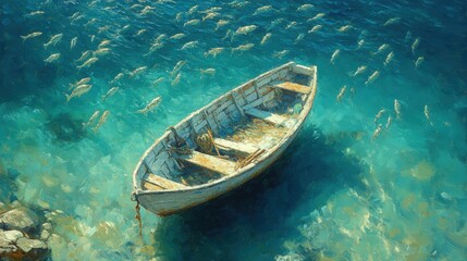 Obraz premium Empty boat floats amidst a school of fish.