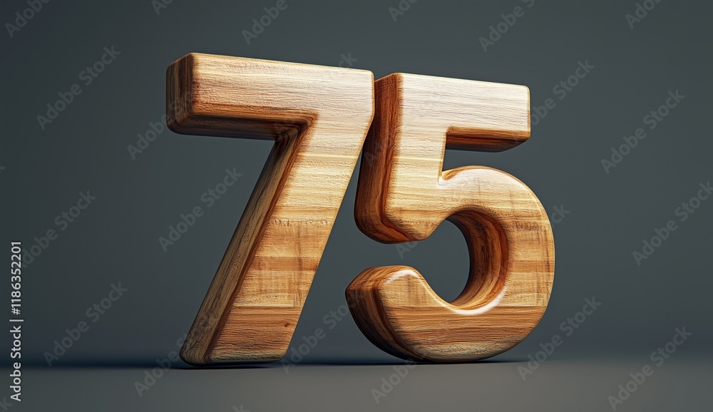 Poster wooden number seventy five 3d render high-quality image for design projects