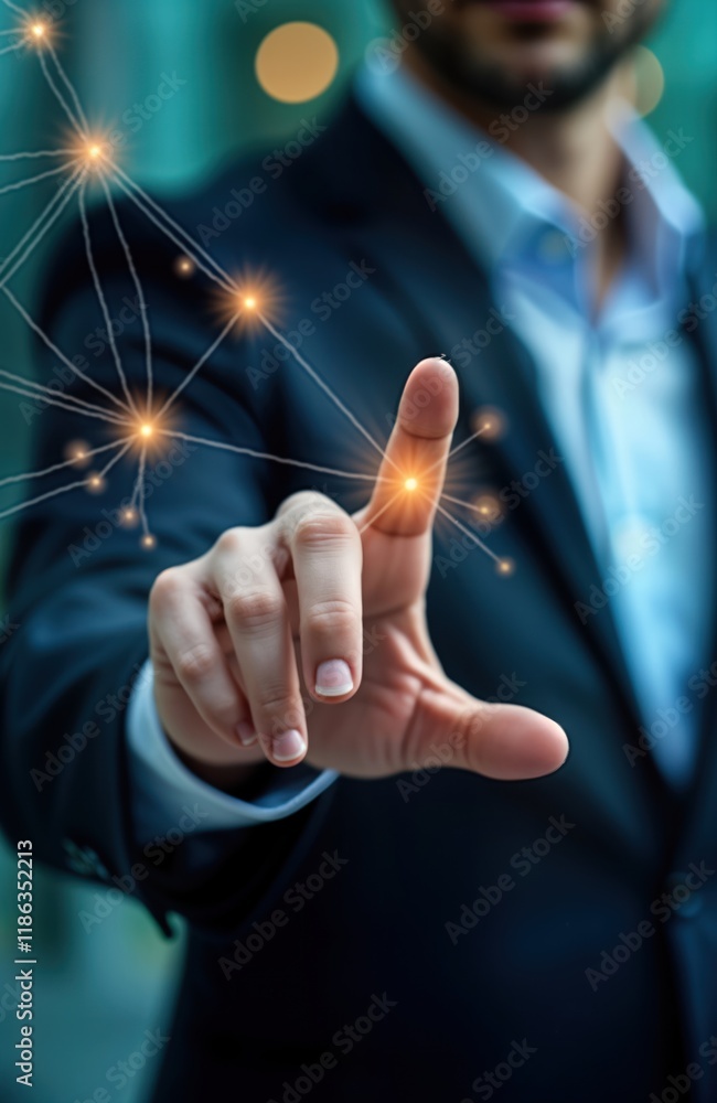 Aufkleber businessperson interacts with glowing digital network in modern office. hand touches glowing interfa