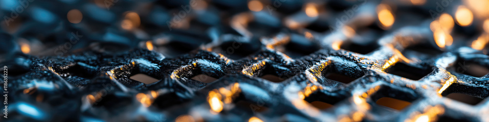 Poster close-up of textured metallic grid with background illumination
