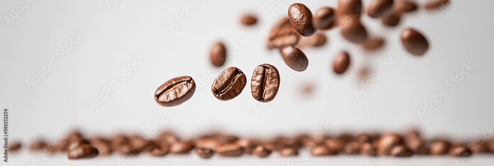 Poster roasted coffee beans are falling and levitating on a white background, creating a dynamic and visual
