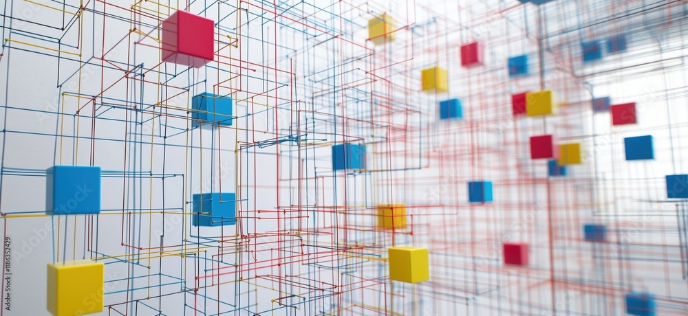 Poster abstract 3d network structure with colorful cubes and lines representing data connections and intera