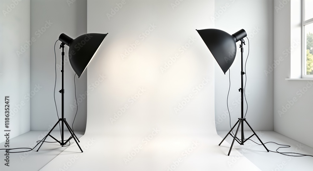 Aufkleber Studio setup with two light stands. Empty studio space. Minimalist design. Ideal for product photography. Professional photo shoot. Blank white background. Lighting equipment. Commercial photo.