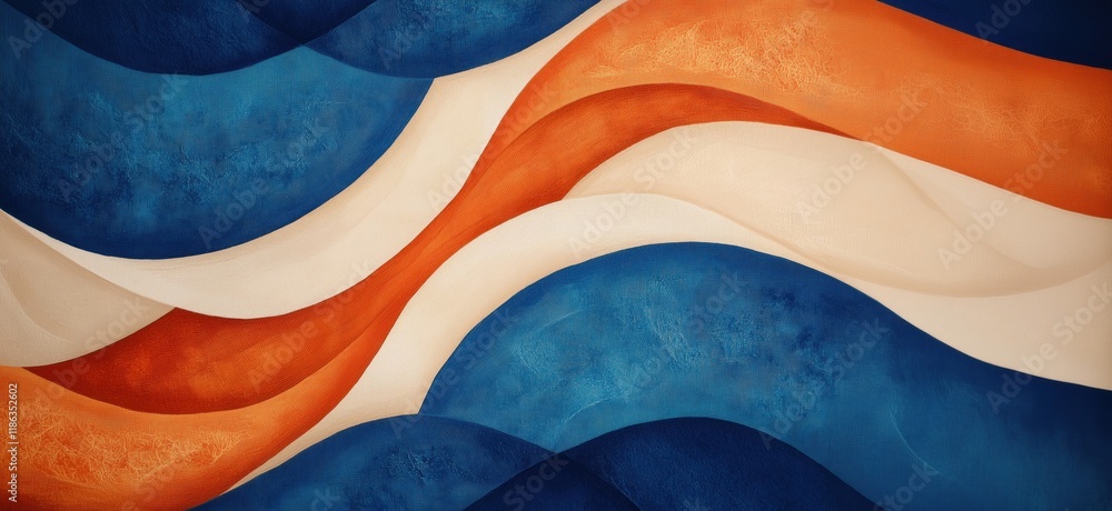 Poster abstract wavy patterns in blue, orange, and cream colors creating a dynamic visual flow, copy space 