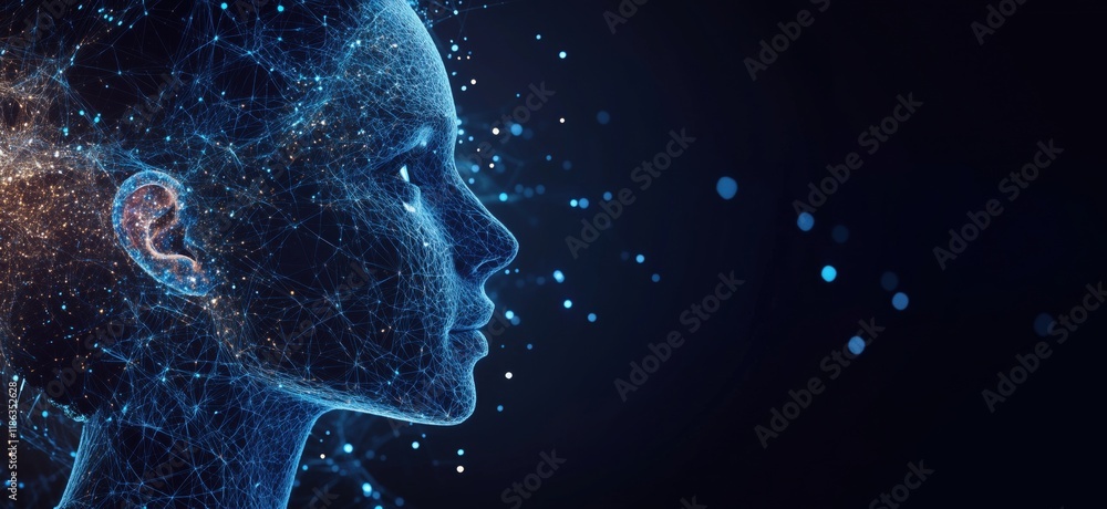 Poster digital representation of human face with neural network connections and glowing particles, showcasi