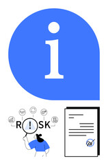 Magnifying glass inspecting risk text with icons, document with approval stamp, blue bubble with i. Ideal for business analysis, risk evaluation, compliance, research, guidance, data security