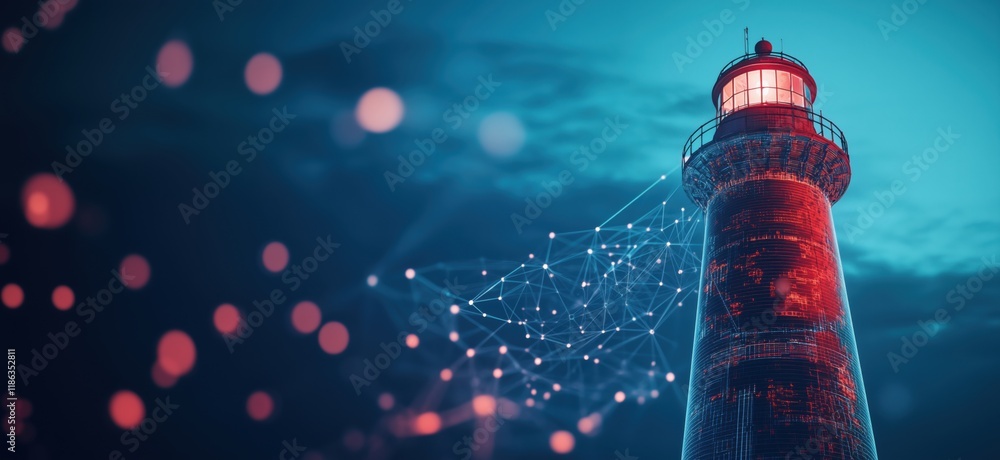 Poster lighthouse illuminated with digital network connections, showcasing modern technology integration in