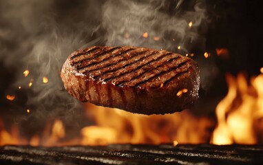 A sizzling steak with grill marks mid-air, surrounded by smoke and flames on a dark charcoal background