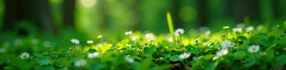 Forest ground is covered in small white Stellaria holostea flowers and ferns, green, forest