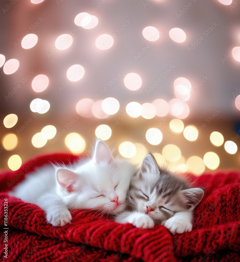 Poster adorable kittens sleeping peacefully on cozy red blanket with soft bokeh lights in background, creat