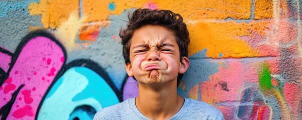 Obraz premium Teenager making a playful grimace in a colorful urban setting.