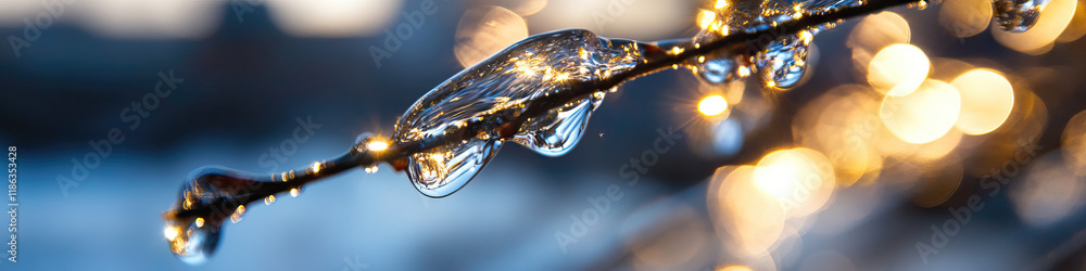 Poster ice accretions on branch with bokeh background