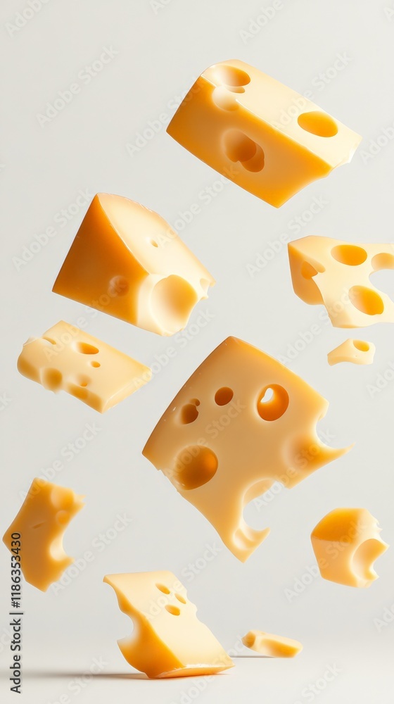 Aufkleber Different sizes of cheese pieces with holes floating against a minimalist white background, creating a visually striking and dynamic composition that highlights texture and color