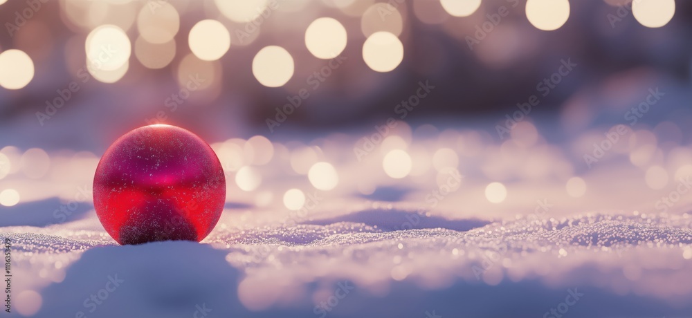 Poster red christmas ornament resting on snow with blurred bokeh lights in background, creating a festive w