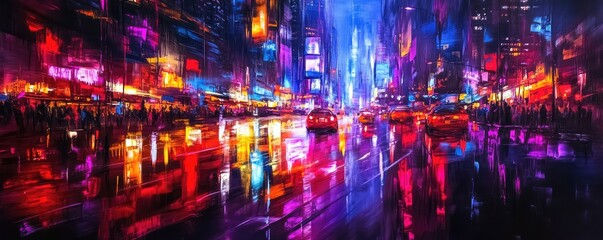 Vibrant neon city lights reflecting on wet streets at night.