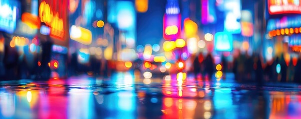 Fototapeta premium Vibrant neon city lights reflecting on wet streets at night.