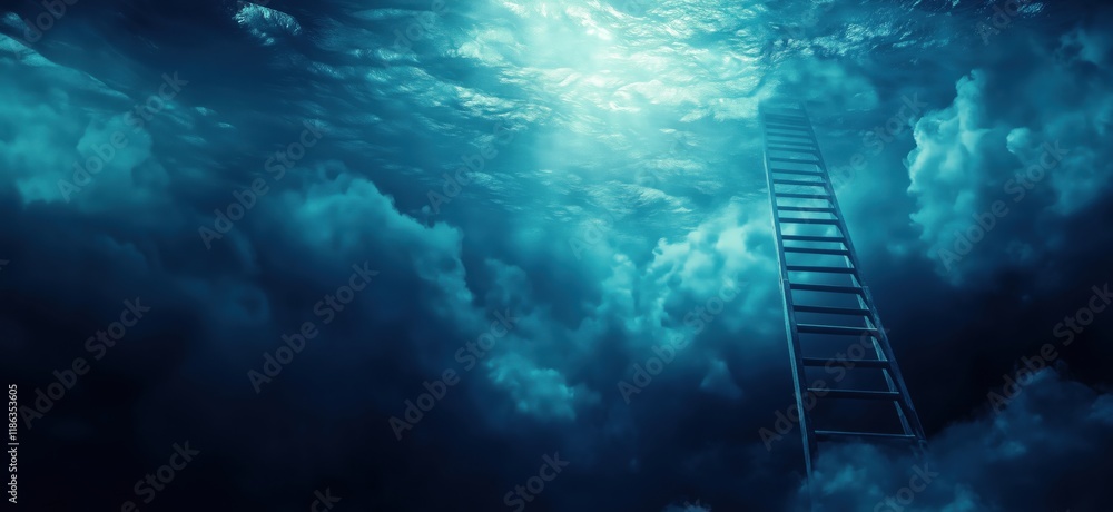 Poster ladder ascending through deep ocean waters surrounded by mystical clouds and light, copy space for t