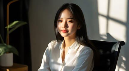 Obraz premium Young Korean woman in a bright room with soft sunlight smiling while seated in a chair during morning hours. 