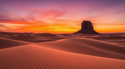 A peaceful desert landscape at twilight, the sky painted in deep purples and oranges, towering sand dunes with intricate wind-sculpted patterns, and a lone ancient rock formation 