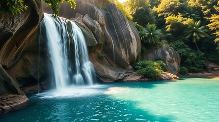 A pristine waterfall cascading down a rugged cliff into a crystal-clear turquoise pool, surrounded by lush tropical foliage, the water mist creating a soft ethereal