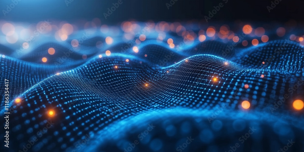 Poster abstract digital waveform visualization: glowing network of points and lines in dark blue and orange