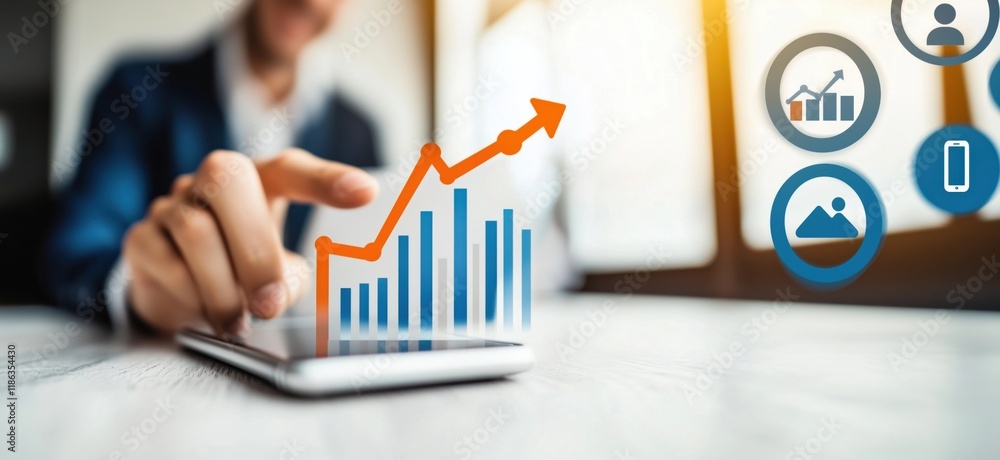 Poster business growth visualization with smartphone and graphs, professional in suit analyzing data trends