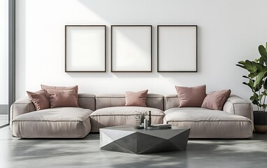 Modern living room interior design, sectional sofa, geometric coffee table, sunlight