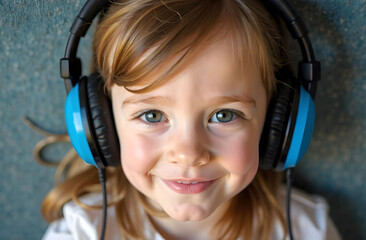 Smiling Child with Headphones for World Hearing Day. Close-up portrait of a smiling young girl wearing blue headphones, symbolizing the joy of hearing and raising awareness for World Hearing Day.