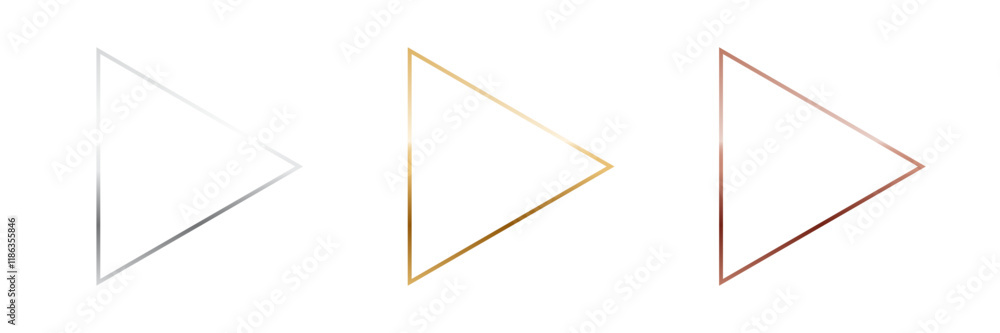 Poster gold, silver and bronze triangle frames. metal thin play buttons isolated on transparent background.