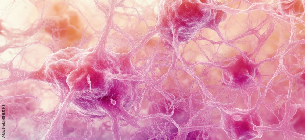 Poster neurons and synapses in vibrant pink and purple colors, depicting complex neural network structure, 