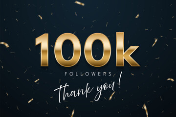 100k followers celebration banner. 3d social media achievement poster. One hundred thousand followers thank you lettering with golden sparkling confetti ribbons on dark blue. Vector illustration.