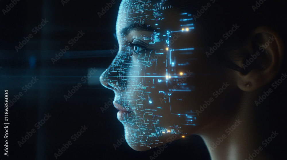 Aufkleber scientist examines advanced holographic ai technology with attention to detail in a modern lab setti