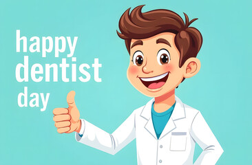 World Dentist Day Smiling Cartoon Dentist Character. Happy cartoon dentist character in a white coat giving a thumbs-up gesture with "Happy Dentist Day" text on teal background