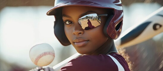 Young female athlete holding a baseball bat on a sunny field
