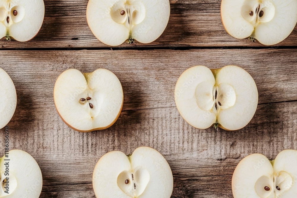 Poster freshly cut apple halves arranged on a rustic wooden table creating a colorful and inviting layout c