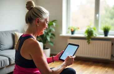 An active senior woman in sports attire, using a tablet during her workout session at home. She is sitting in a cozy living room with plants and natural light streaming through the window, reflecting 