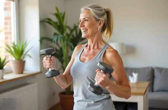 Middle-aged Woman Exercising with Dumbbells at Home. A middle-aged woman smiling while lifting dumbbells at home, promoting fitness, health, and an active lifestyle for adults.