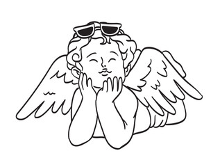 Obraz premium Retro angel baby cupid illustration. Isolated vintage cute cherub drawing, retro little angel with wings wearing sunglasses doodle line art tattoo style for poster, placard, wedding invitation design.