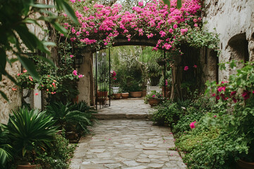Elegant courtyard with stone pathways, a rustic metal archway and vibrant pink bougainvillea climbing over natural greenery
