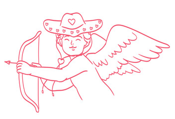 Retro little angel with bow and arrow in cowboy hat doodle line art tattoo style for poster, placard or wedding invitation design. Angel baby cupid illustration. Isolated vintage cute cherub drawing.