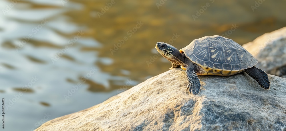 Poster turtle basking on rock by water, showcasing intricate shell patterns and serene environment, copy sp
