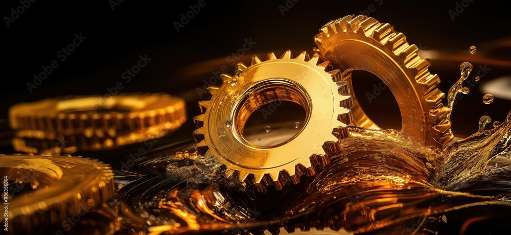 Poster golden gears splashing in water, showcasing intricate design and craftsmanship, reflecting light and