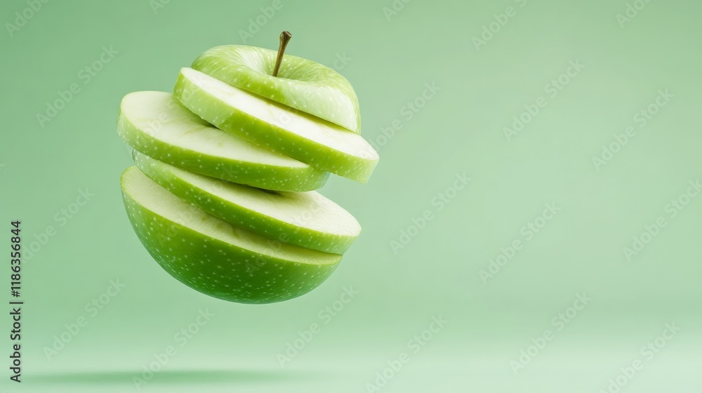 Poster sliced green apple floating gracefully in mid air against a vibrant green backdrop, creating a strik