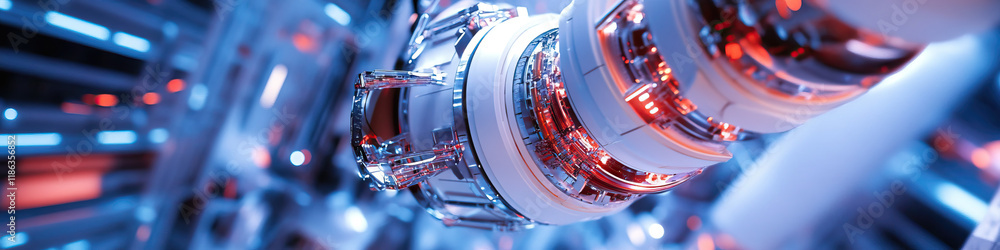 Poster close-up of futuristic robotic arm with illuminated internal components