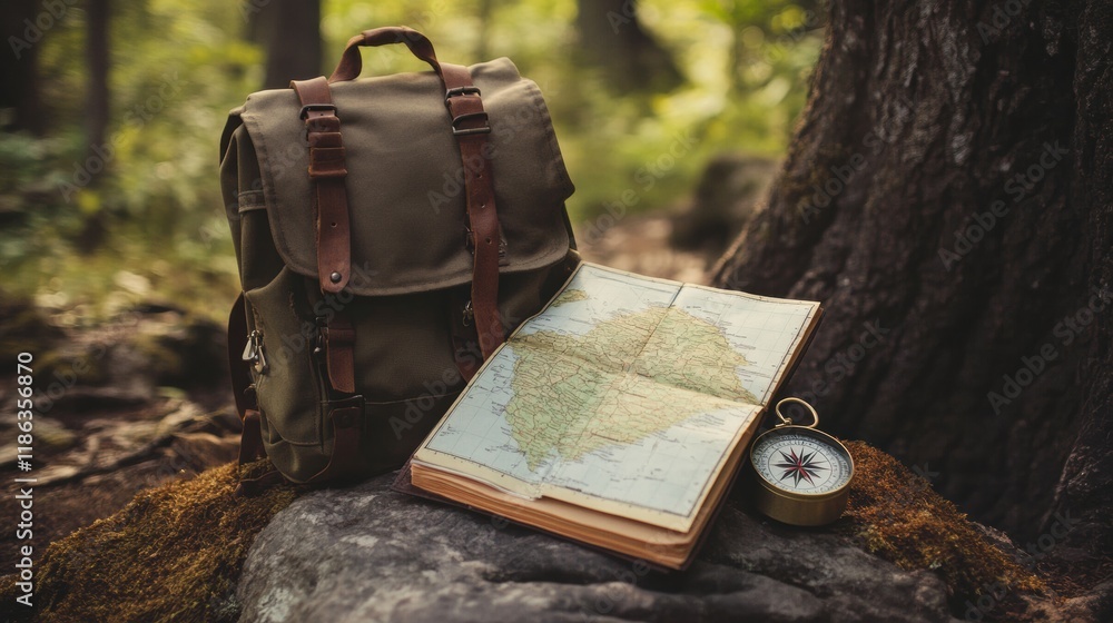 Leinwandbilder exploring nature with a backpack, map, and compass in a tranquil forest setting. generative ai