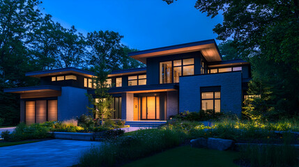 Elegant nighttime scene of a modern dobble-story residence with a sleek blue exterior, wooden...